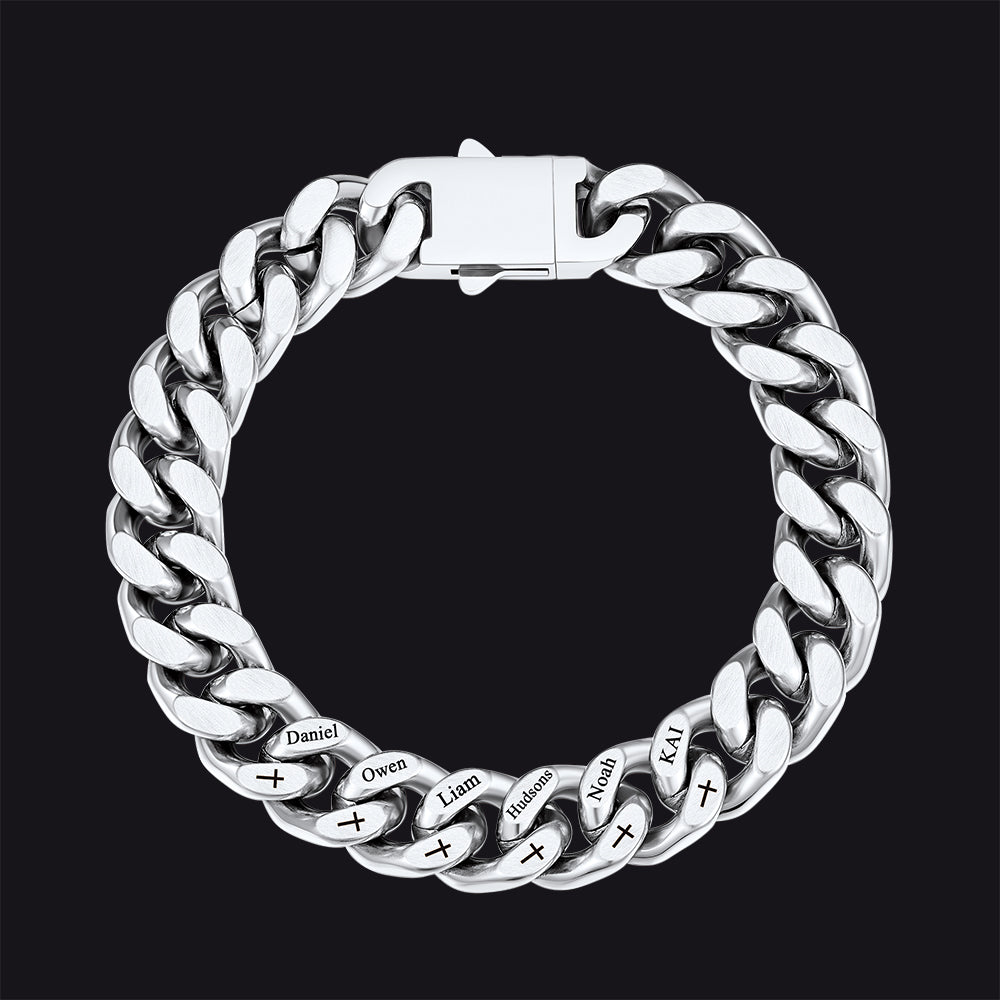 Personalized Multi Names Cuban Chain Bracelet with Cross Gift for Him Mens, 12MM Width