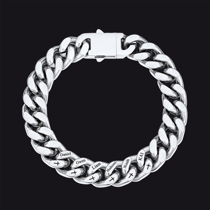 Personalized Multi Names Cuban Chain Bracelet with Cross Gift for Him Mens, 12MM Width