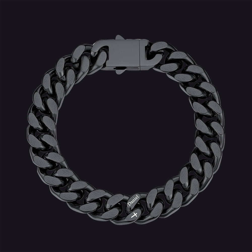 Personalized Multi Names Cuban Chain Bracelet with Cross Gift for Him Mens, 12MM Width