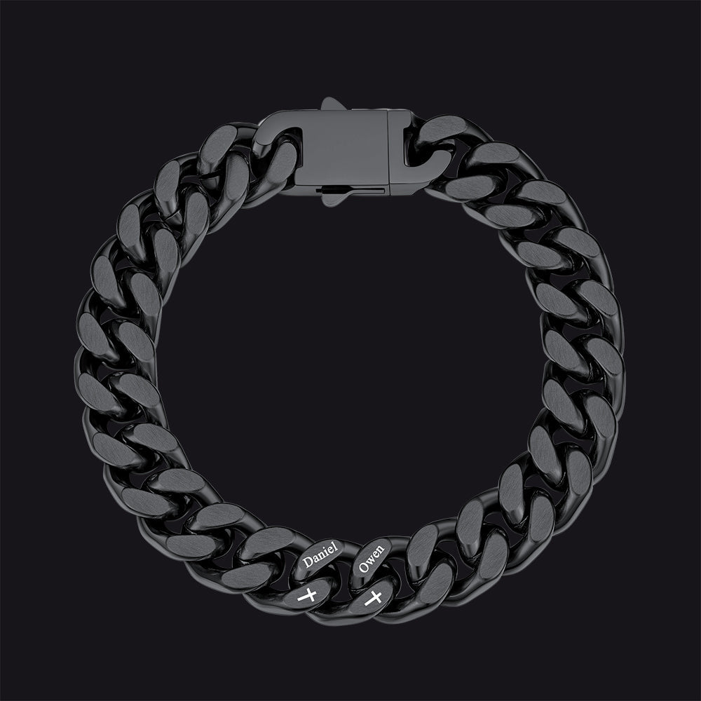 Personalized Multi Names Cuban Chain Bracelet with Cross Gift for Him Mens, 12MM Width