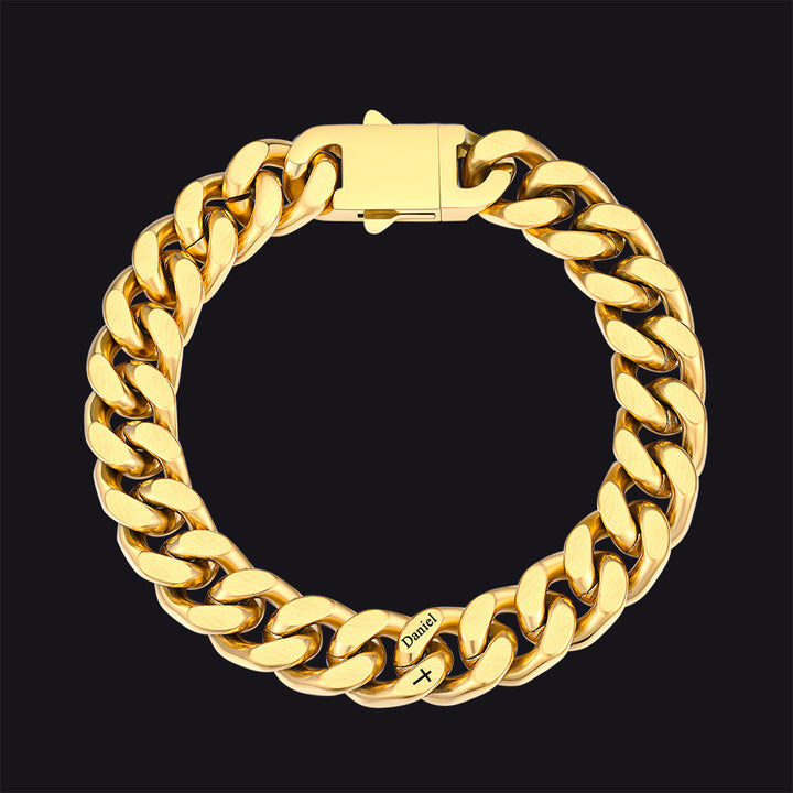 Personalized Multi Names Cuban Chain Bracelet with Cross Gift for Him Mens, 12MM Width