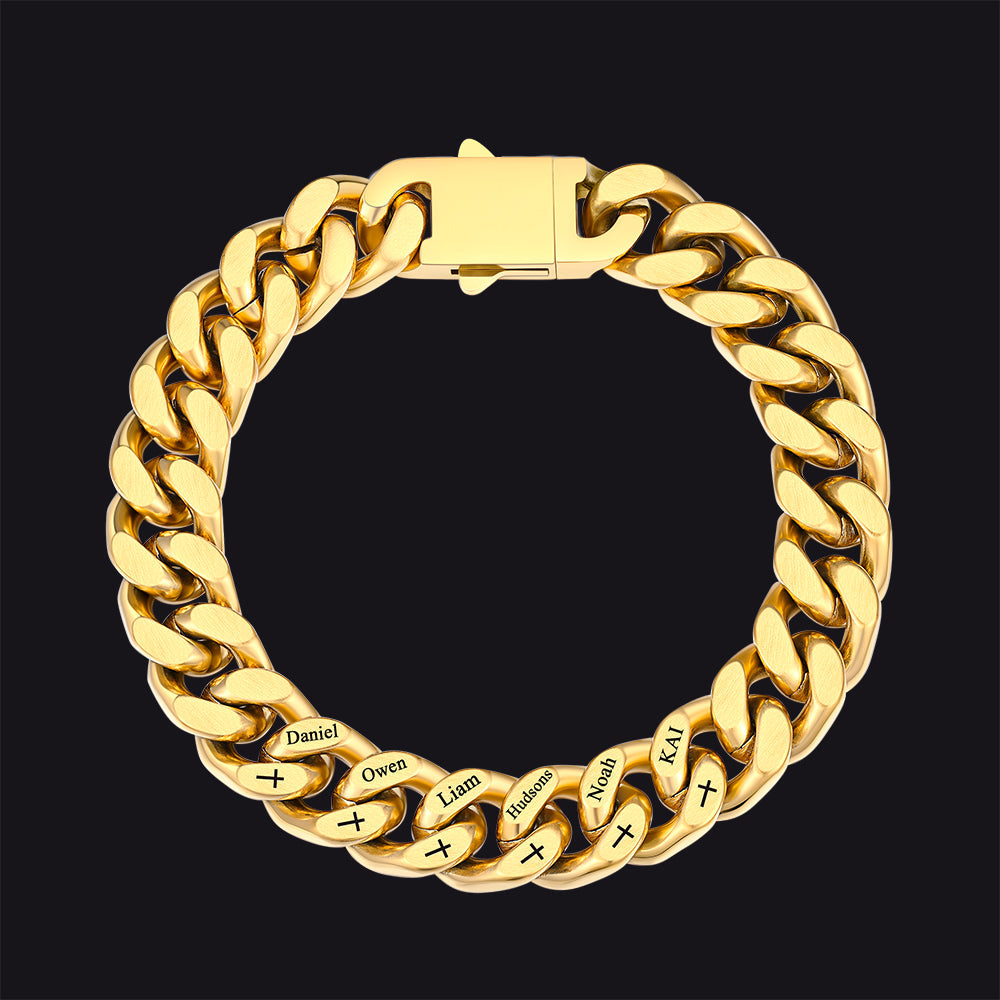 Personalized Multi Names Cuban Chain Bracelet with Cross Gift for Him Mens, 12MM Width