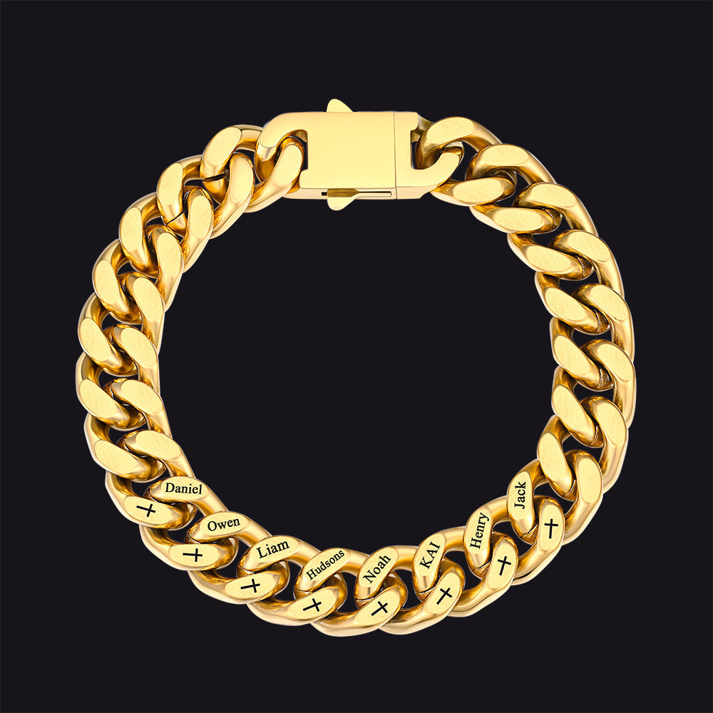 Personalized Multi Names Cuban Chain Bracelet with Cross Gift for Him Mens, 12MM Width