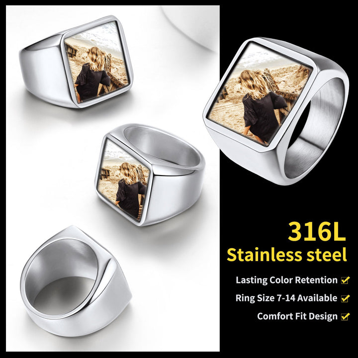 Customized Square Picture Signet Ring With Photo for Men Women