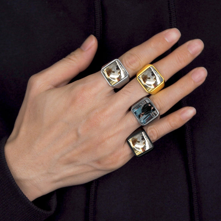 Customized Square Picture Signet Ring With Photo for Men Women