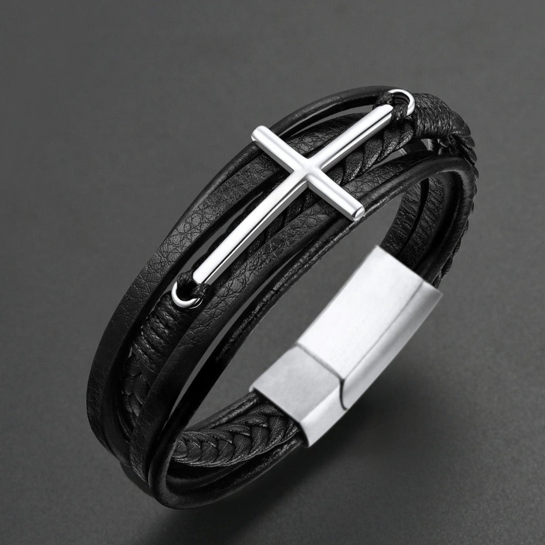 Christian Cross Braided Leather Bracelet Gift for Men
