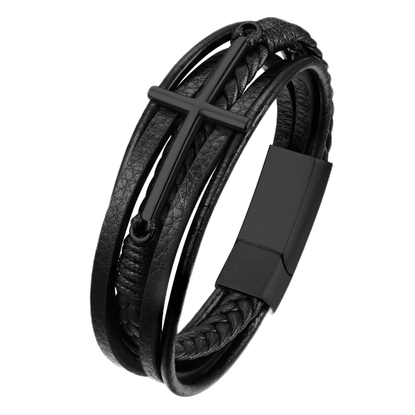 Christian Cross Multi-Layer Braided Leather Bracelet for Men