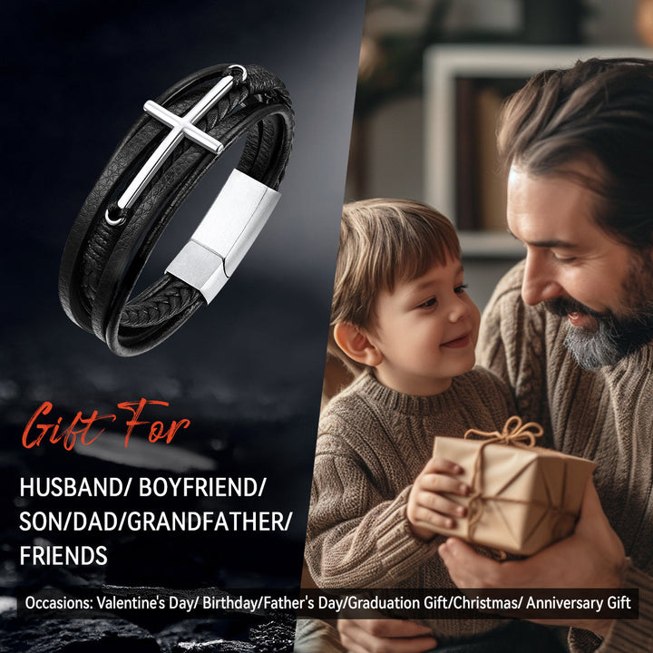 Christian Cross Multi-Layer Braided Leather Bracelet for Men
