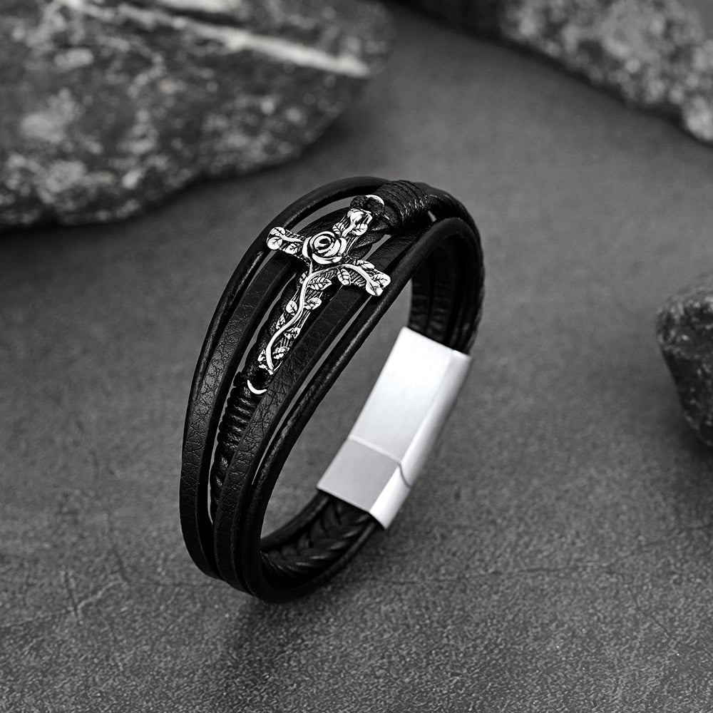 Christian Black Rose Cross Braided Leather Bracelet Gift for Men