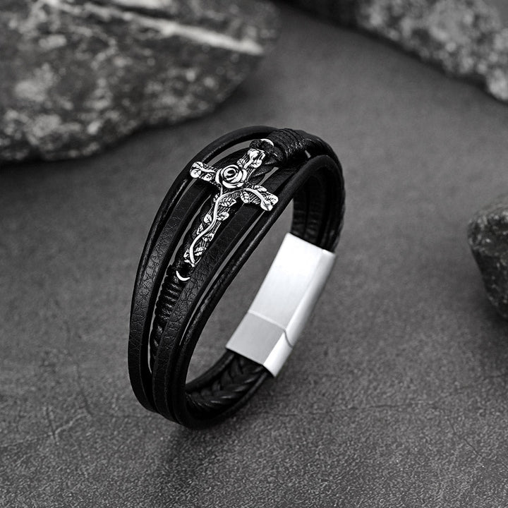 Christian Black Rose Cross Braided Leather Bracelet Gift for Men