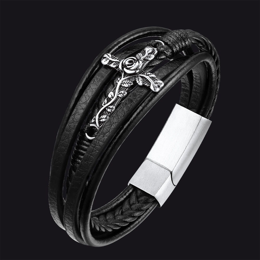 Christian Black Rose Cross Braided Leather Bracelet Gift for Men