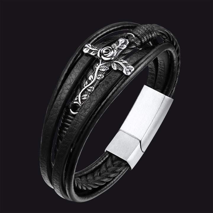 Christian Black Rose Cross Braided Leather Bracelet Gift for Men