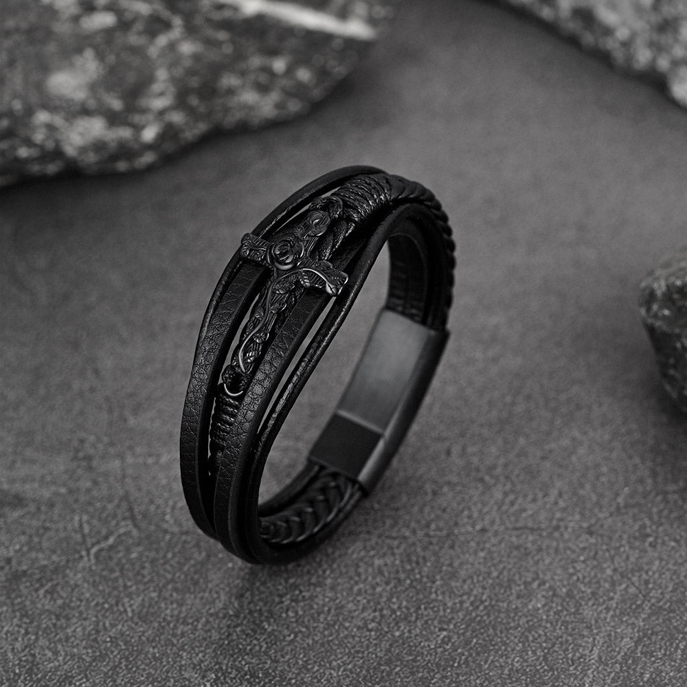 Christian Black Rose Cross Braided Leather Bracelet Gift for Men