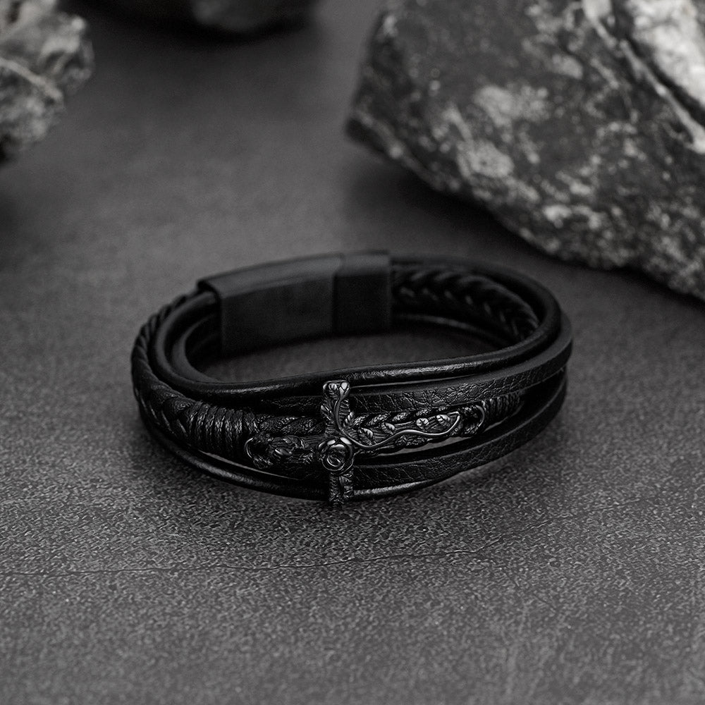 Christian Black Rose Cross Braided Leather Bracelet Gift for Men