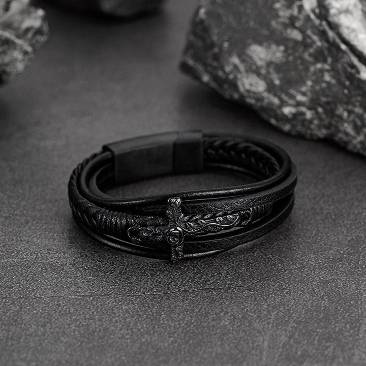 Christian Black Rose Cross Braided Leather Bracelet Gift for Men