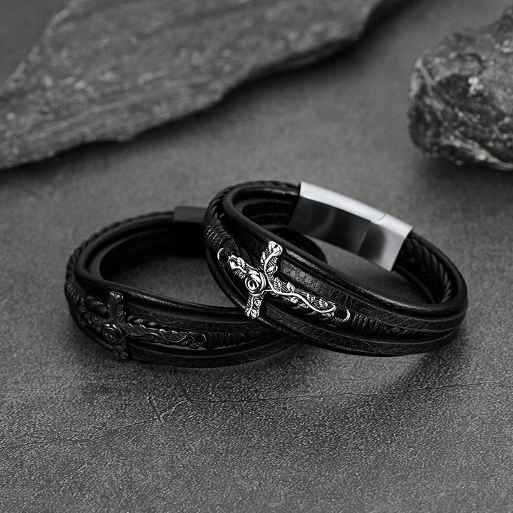 Christian Black Rose Cross Braided Leather Bracelet Gift for Men