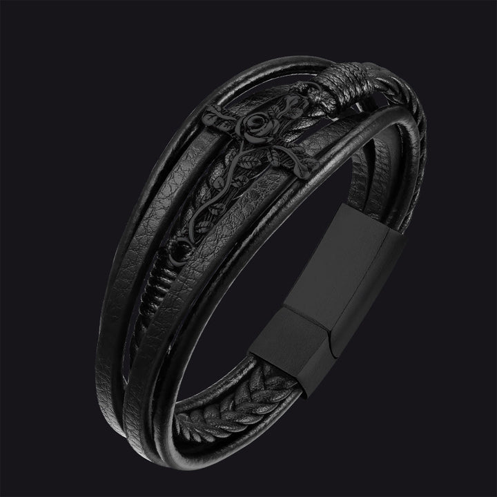 Christian Black Rose Cross Braided Leather Bracelet Gift for Men