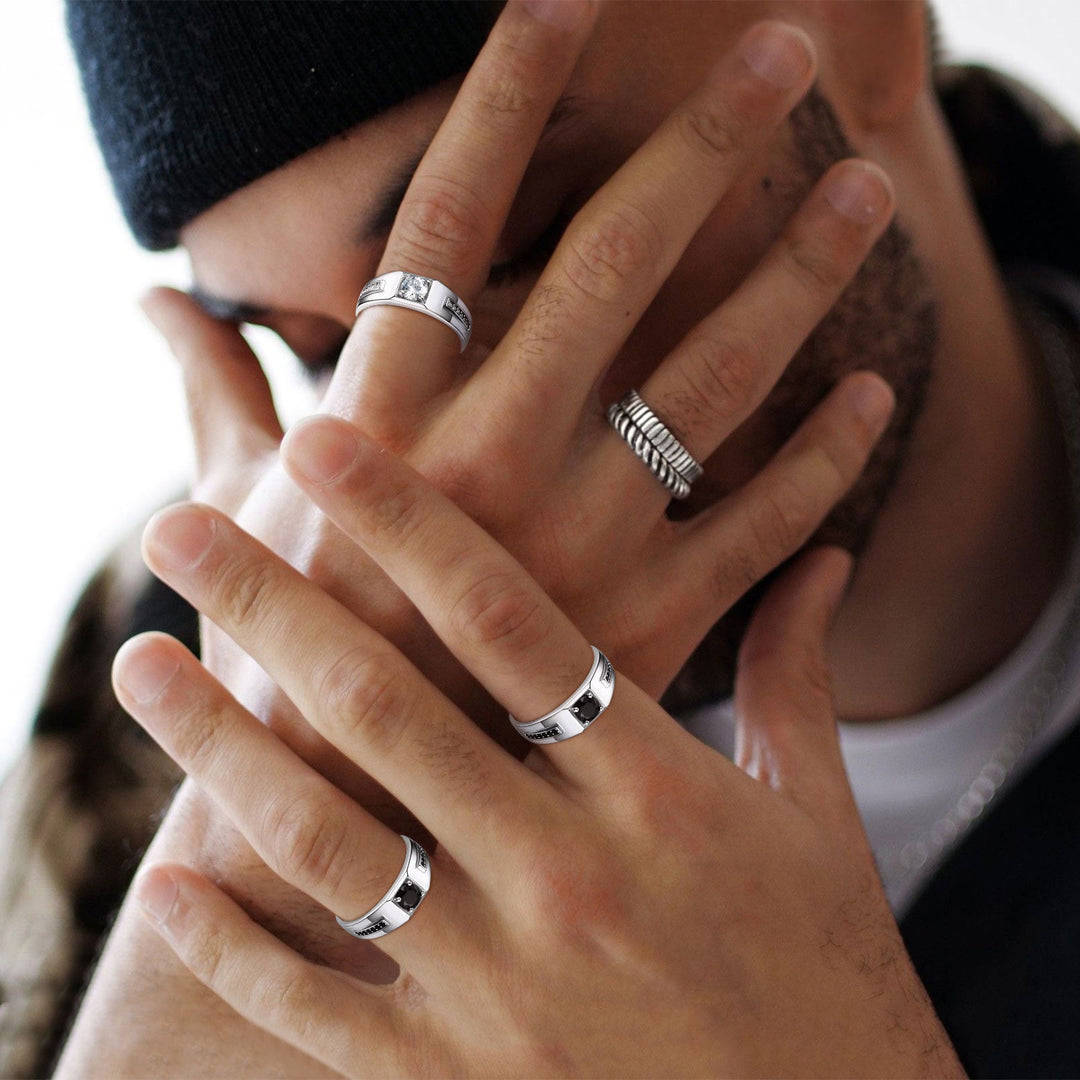 Men's Black Onyx Ring Diamond Ring in Sterling Silver