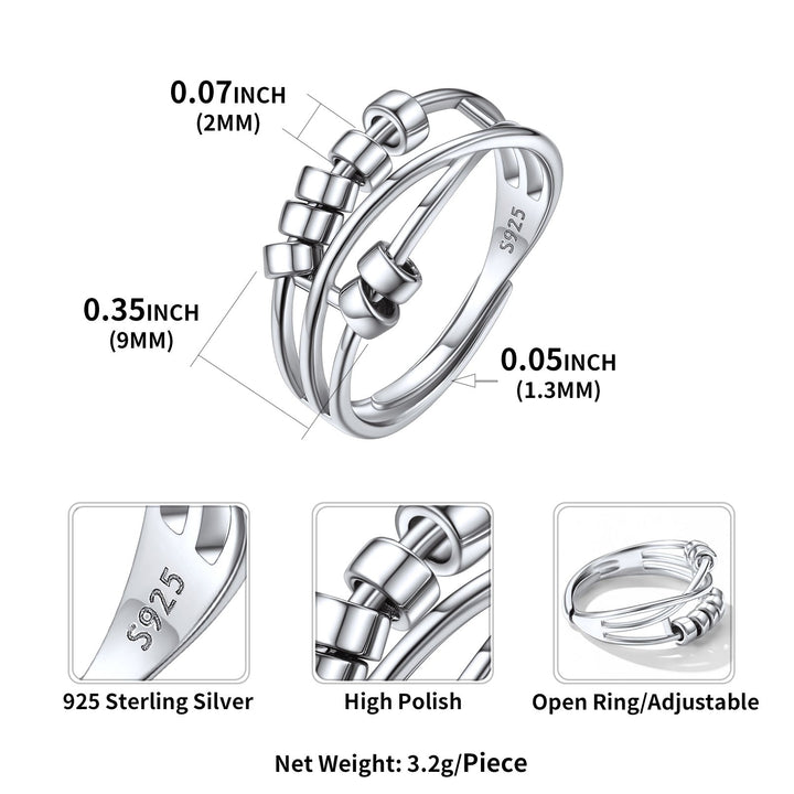 925 Sterling Silver Bead Anxiety Adjustable Ring for Women Men