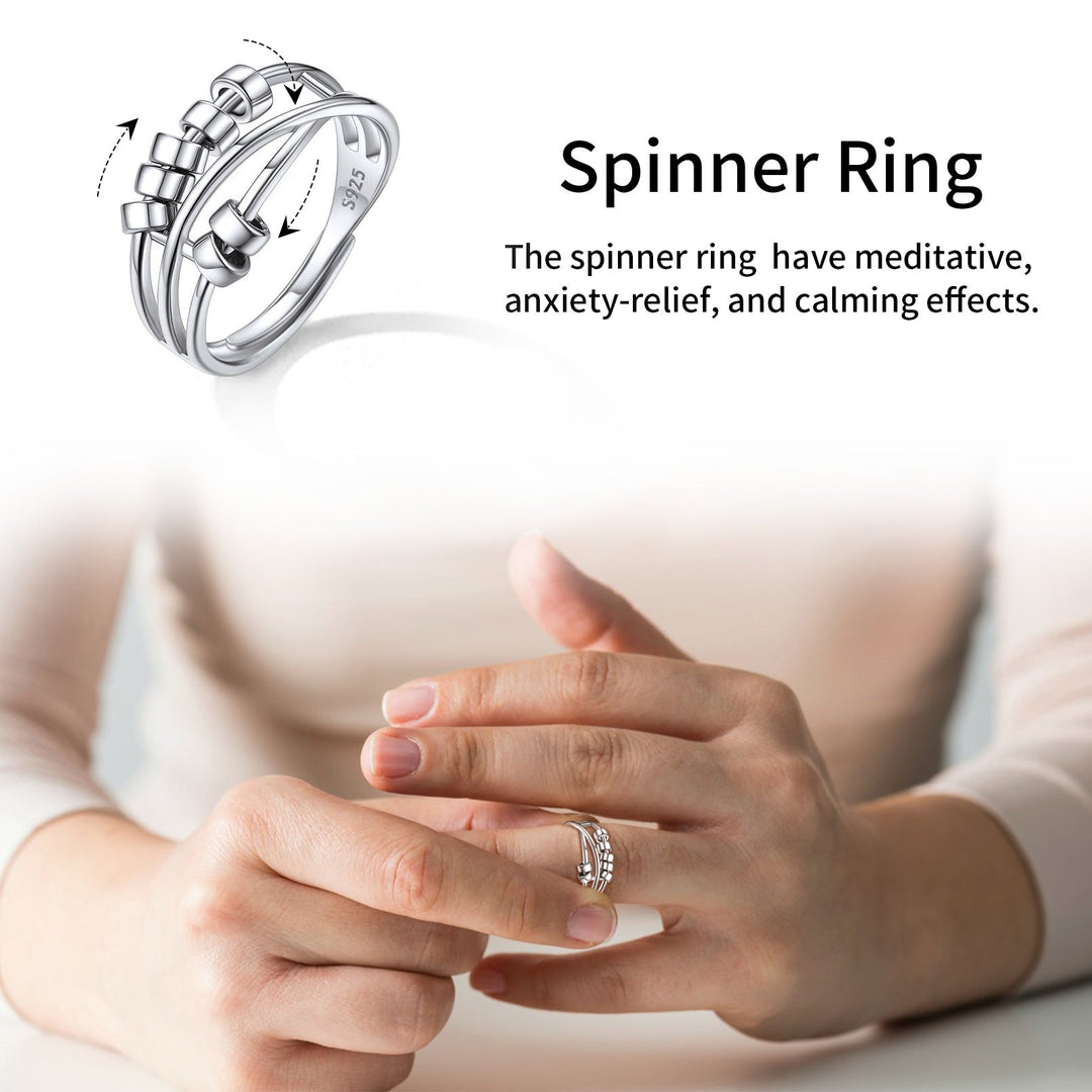 925 Sterling Silver Bead Anxiety Adjustable Ring for Women Men