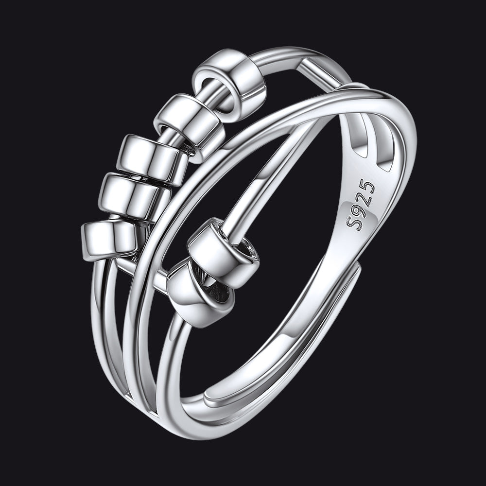 925 Sterling Silver Bead Anxiety Adjustable Ring for Women Men