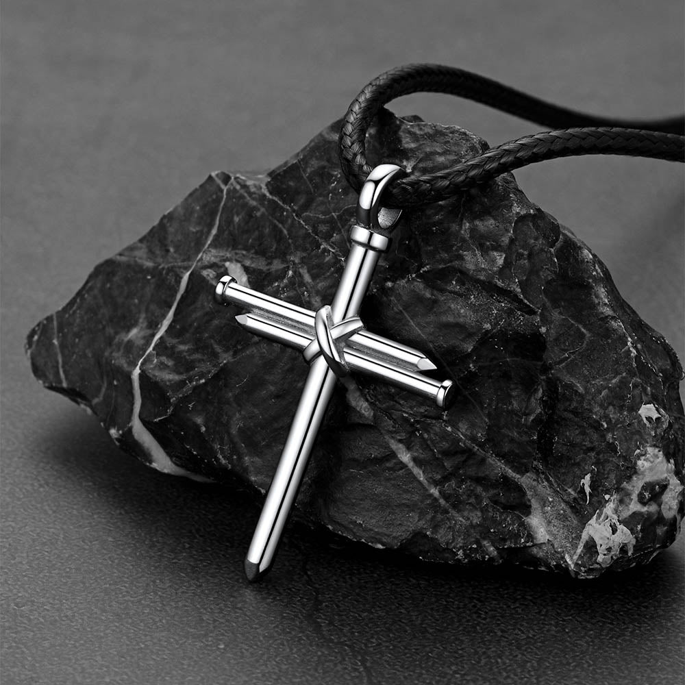 Christian Nail Cross Pendant Braided Leather Necklace for Men Dad Husband