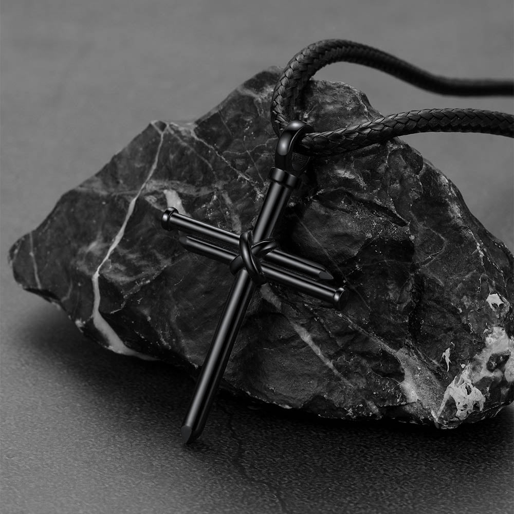 Christian Nail Cross Pendant Braided Leather Necklace for Men Dad Husband