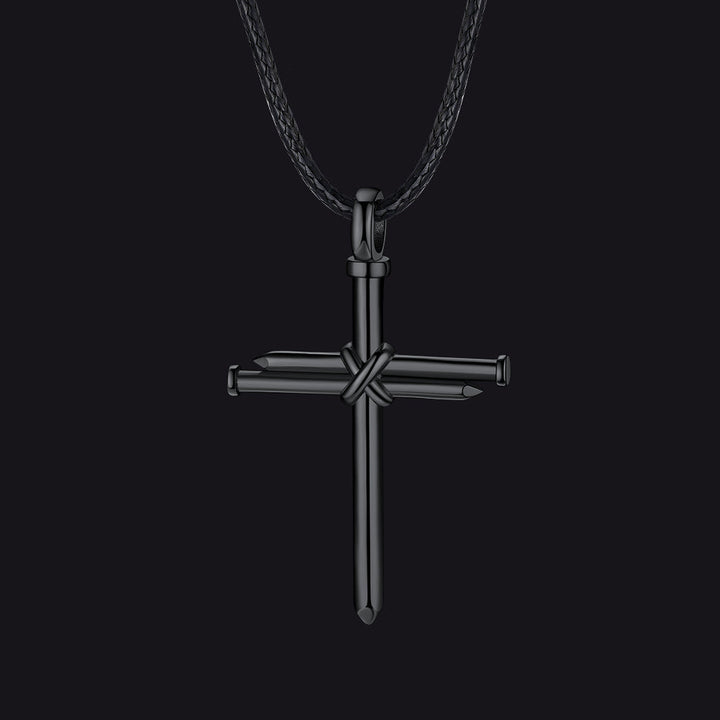 Christian Nail Cross Pendant Braided Leather Necklace for Men Dad Husband