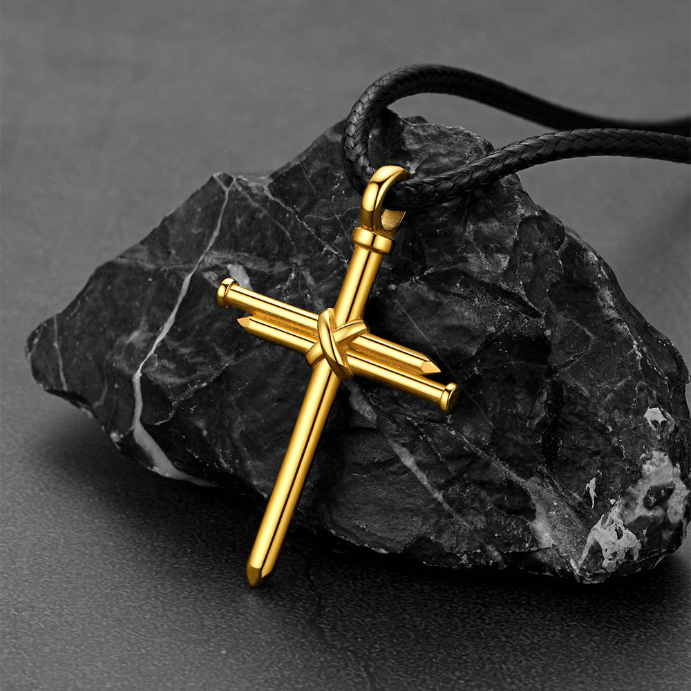 Christian Nail Cross Pendant Braided Leather Necklace for Men Dad Husband