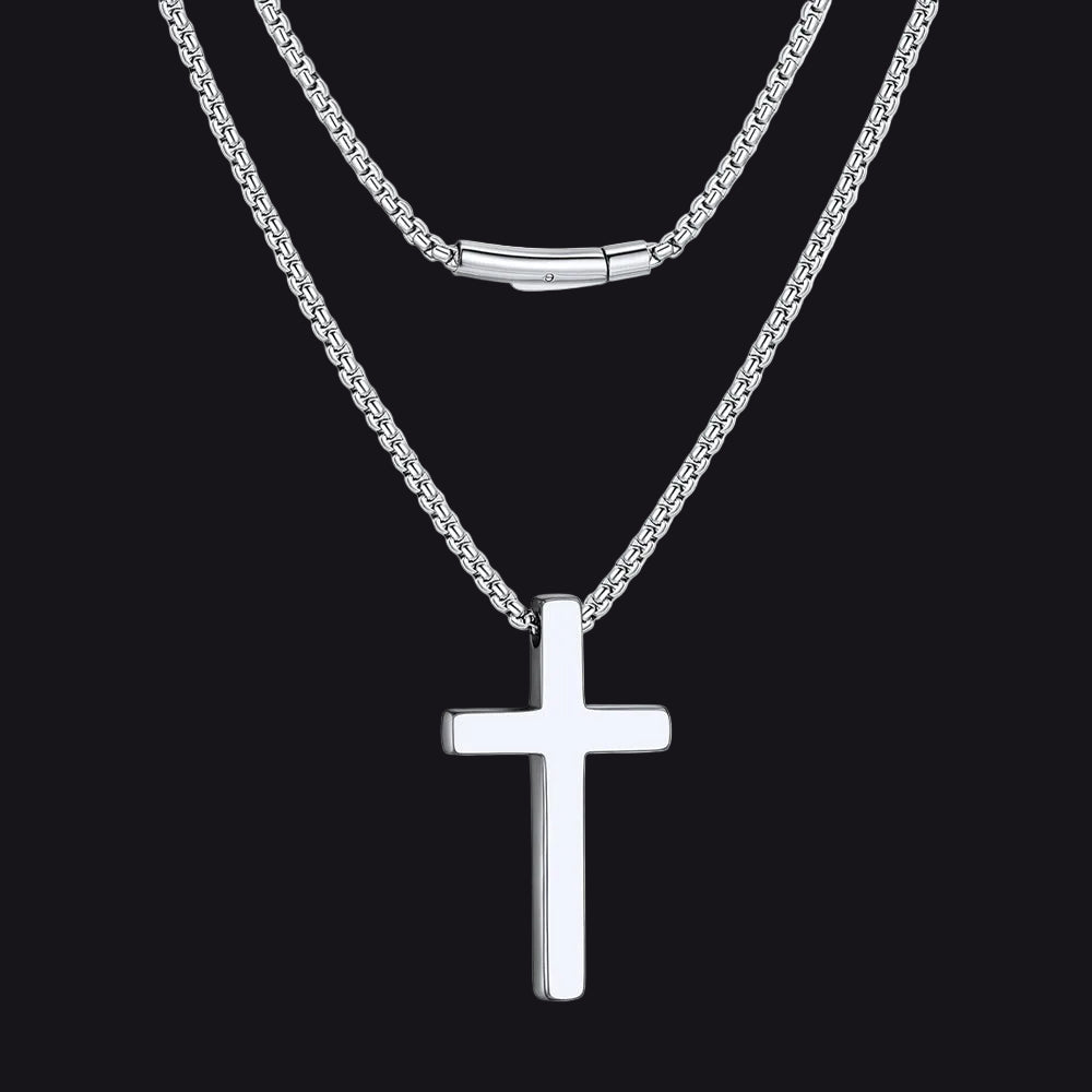 Christian Plain Cross Necklace Minimalist Religious Pendant Box Chain for Men Women