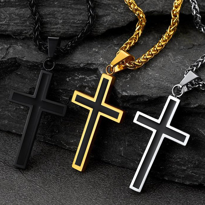 Cuban Curb Chain & Enamel Cross Layered Necklaces Set for Men