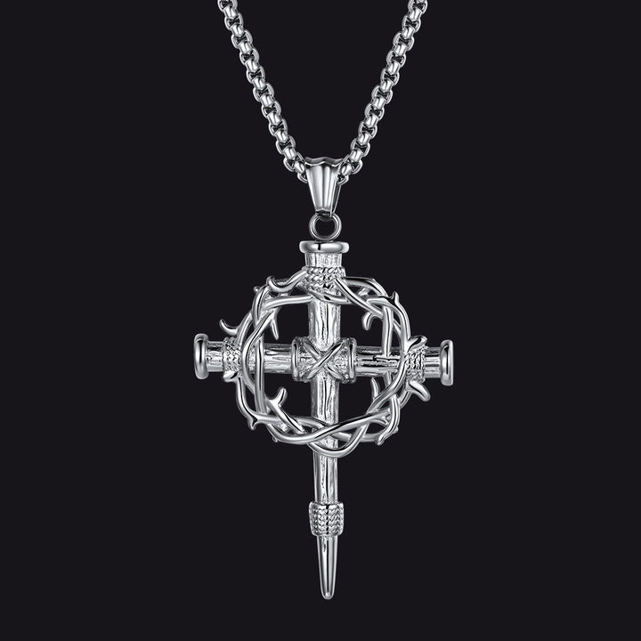 Crown of Thorns & Nail Cross Pendant Necklace for Men