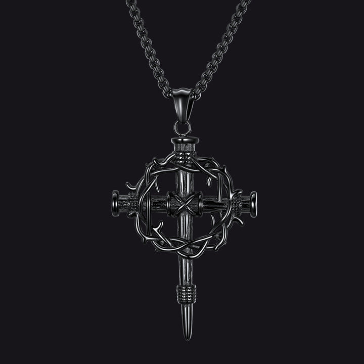 Crown of Thorns & Nail Cross Pendant Necklace for Men