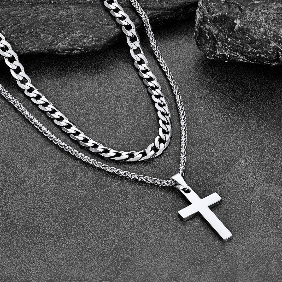 Cuban Chain & Cross Pendant Layered Necklaces Set for Men Women