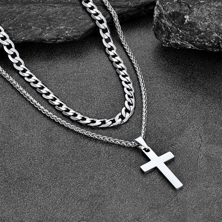 Cuban Chain & Cross Pendant Layered Necklaces Set for Men Women