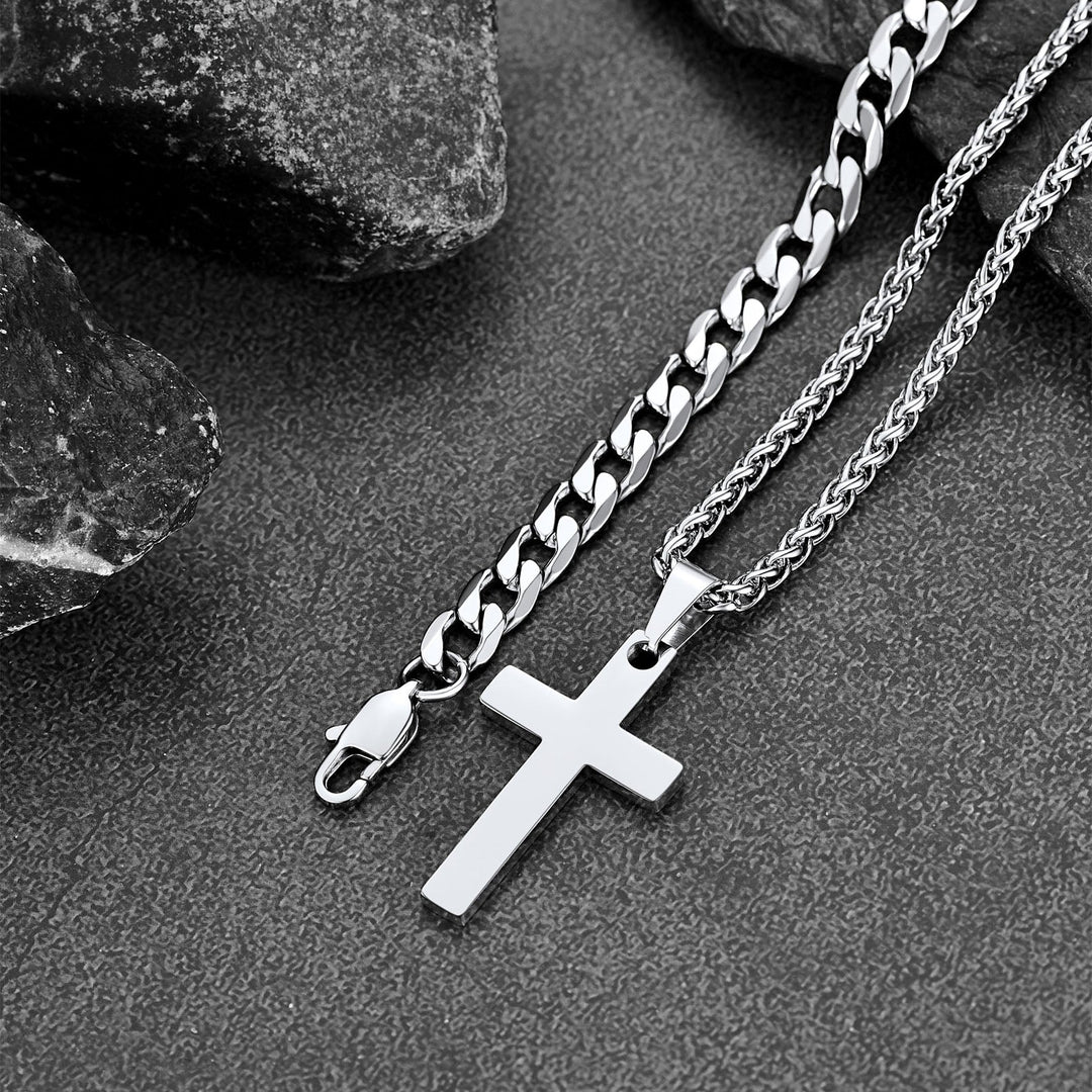 Cuban Chain & Cross Pendant Layered Necklaces Set for Men Women
