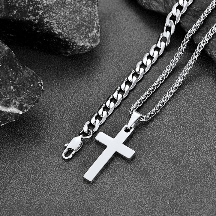 Gift for Men Cuban Chain & Cross Pendant Layered Necklace Set Birthday Gift