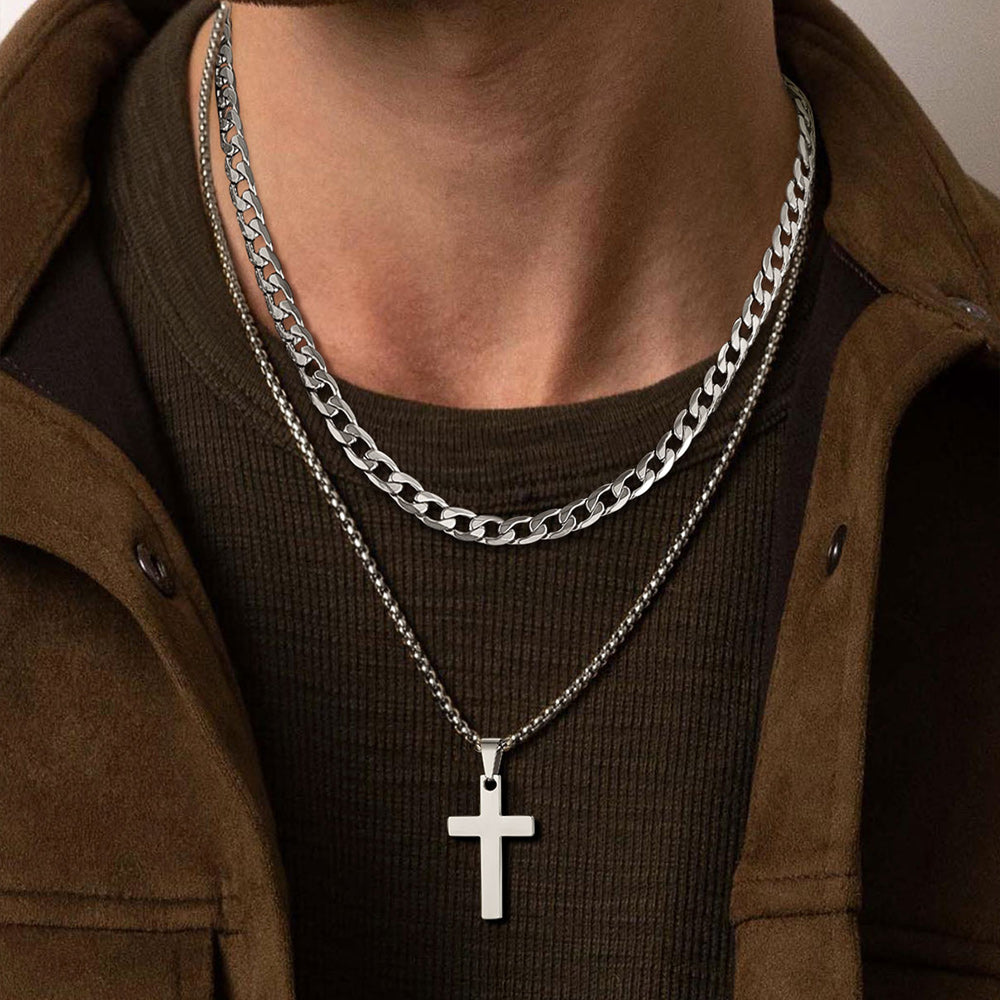 Cuban Chain & Cross Pendant Layered Necklaces Set for Men Women