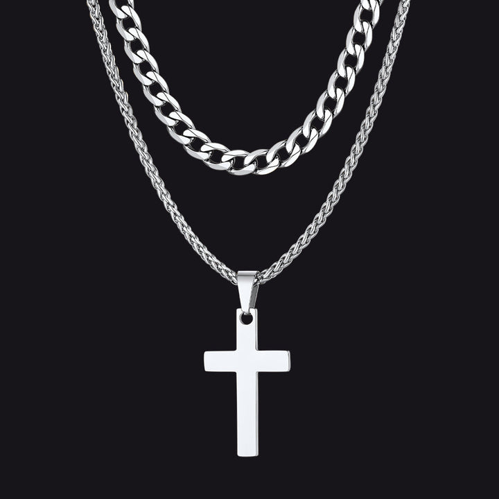 Cuban Chain & Cross Pendant Layered Necklaces Set for Men Women