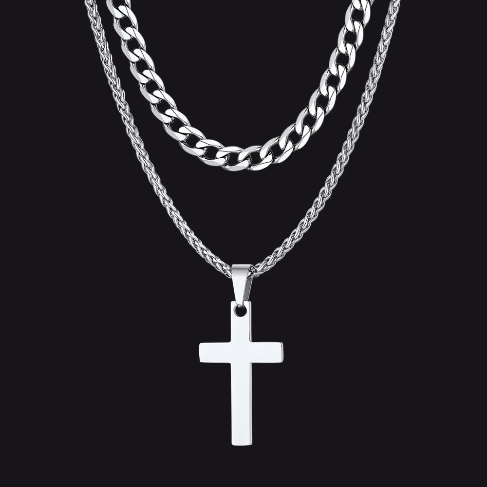 Gift for Men Cuban Chain & Cross Pendant Layered Necklace Set Birthday Gift