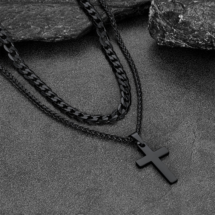 Cuban Chain & Cross Pendant Layered Necklaces Set for Men Women