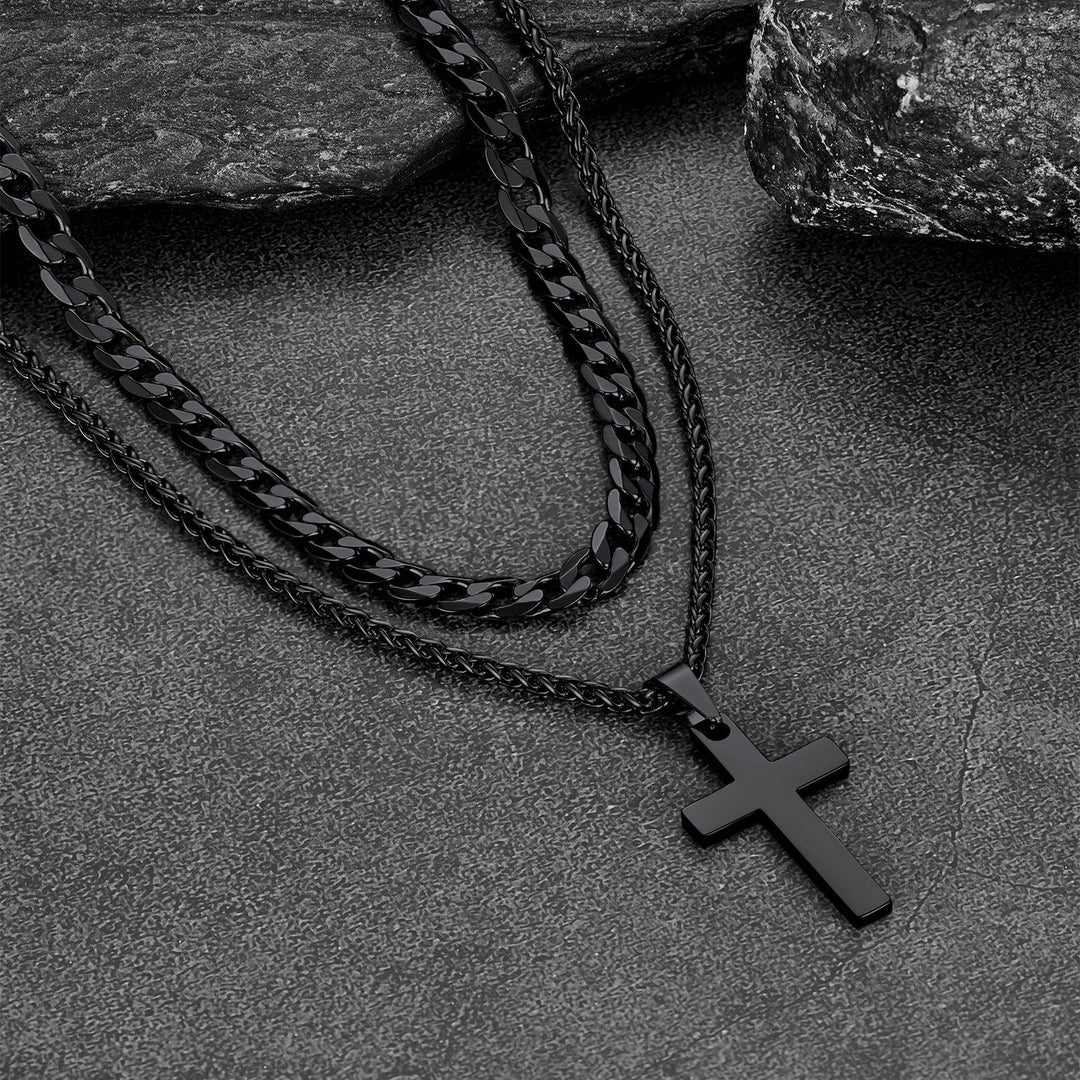 Gift for Men Cuban Chain & Cross Pendant Layered Necklace Set Birthday Gift