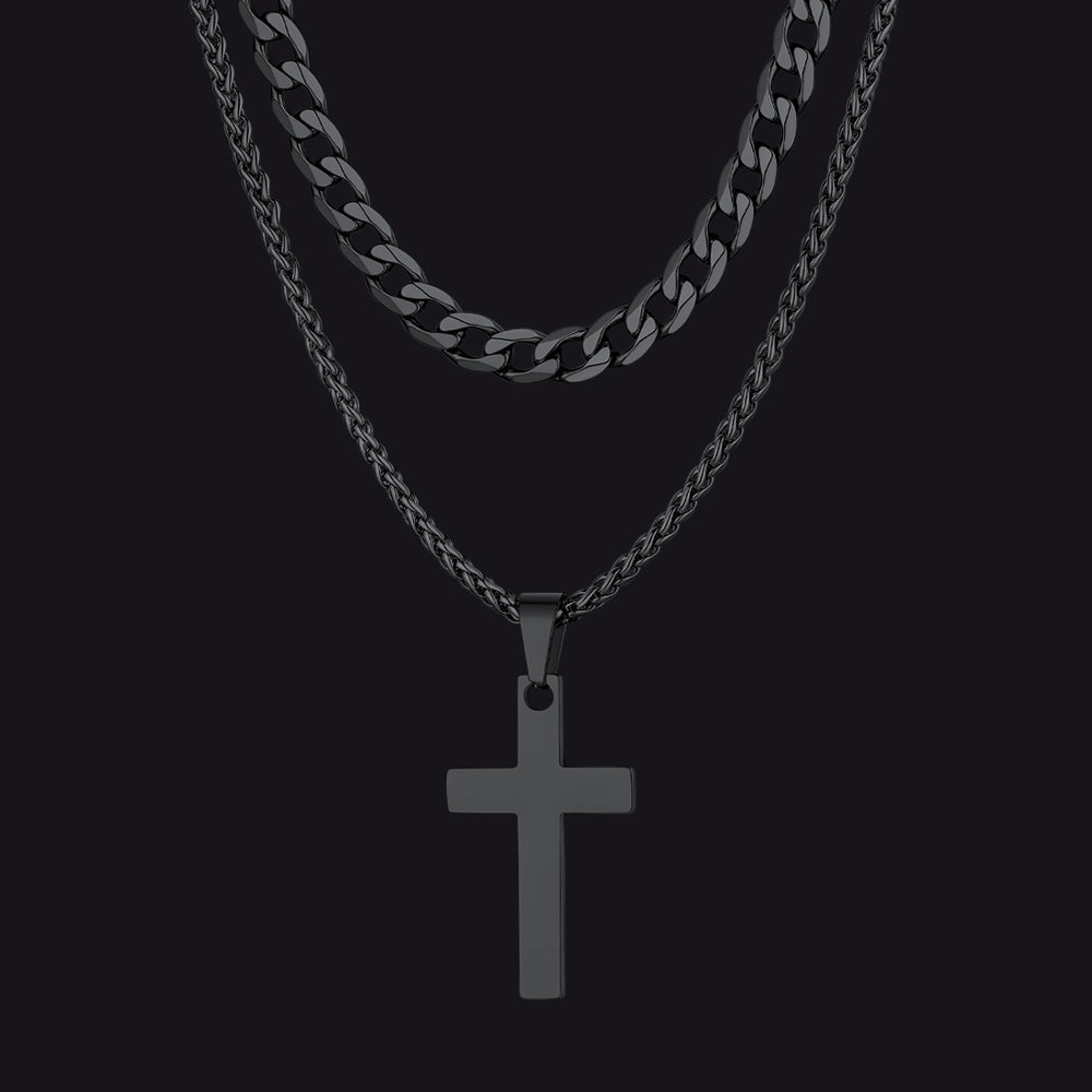 Cuban Chain & Cross Pendant Layered Necklaces Set for Men Women