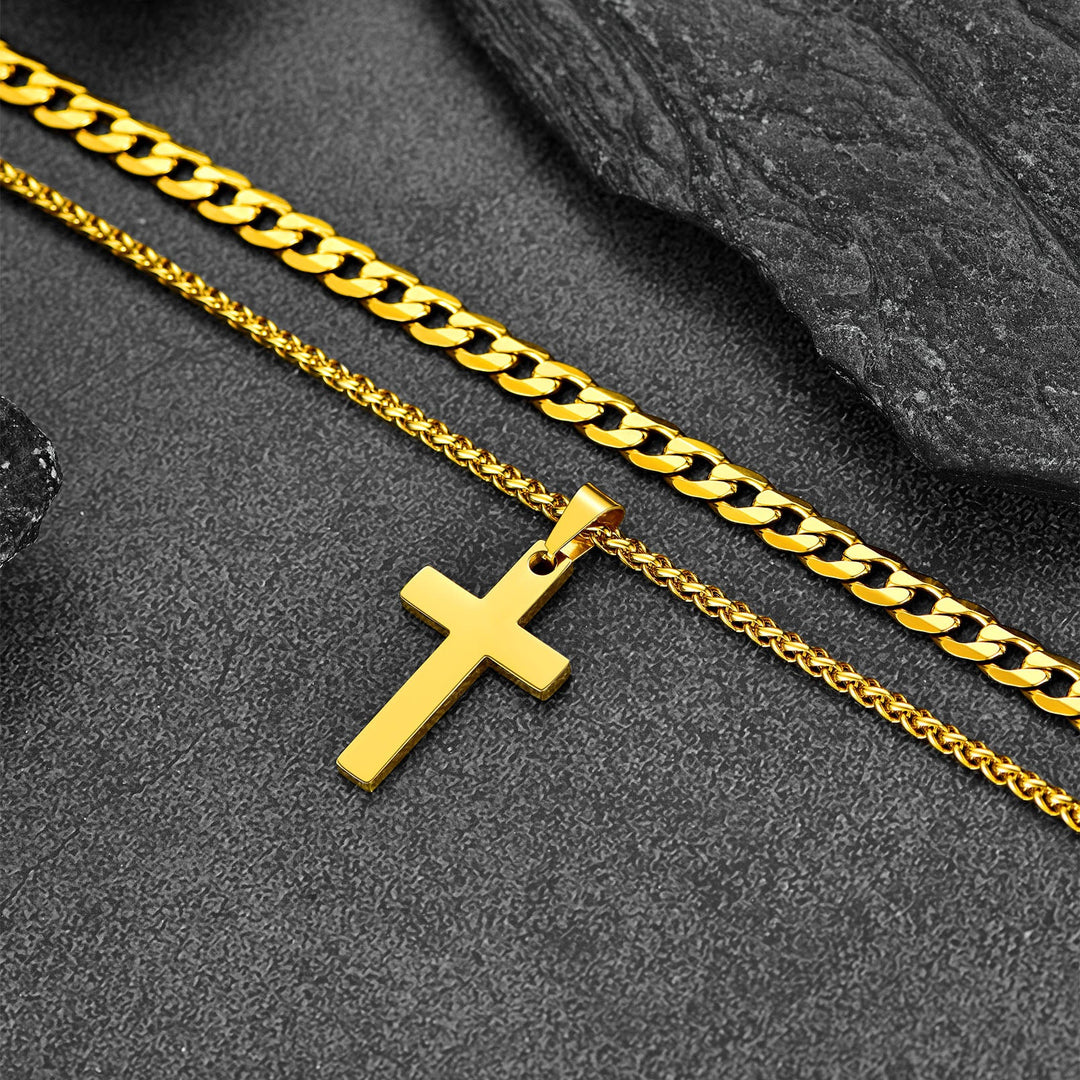 Cuban Chain & Cross Pendant Layered Necklaces Set for Men Women