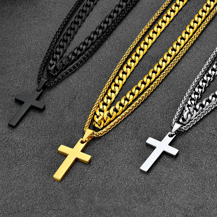 Cuban Chain & Cross Pendant Layered Necklaces Set for Men Women