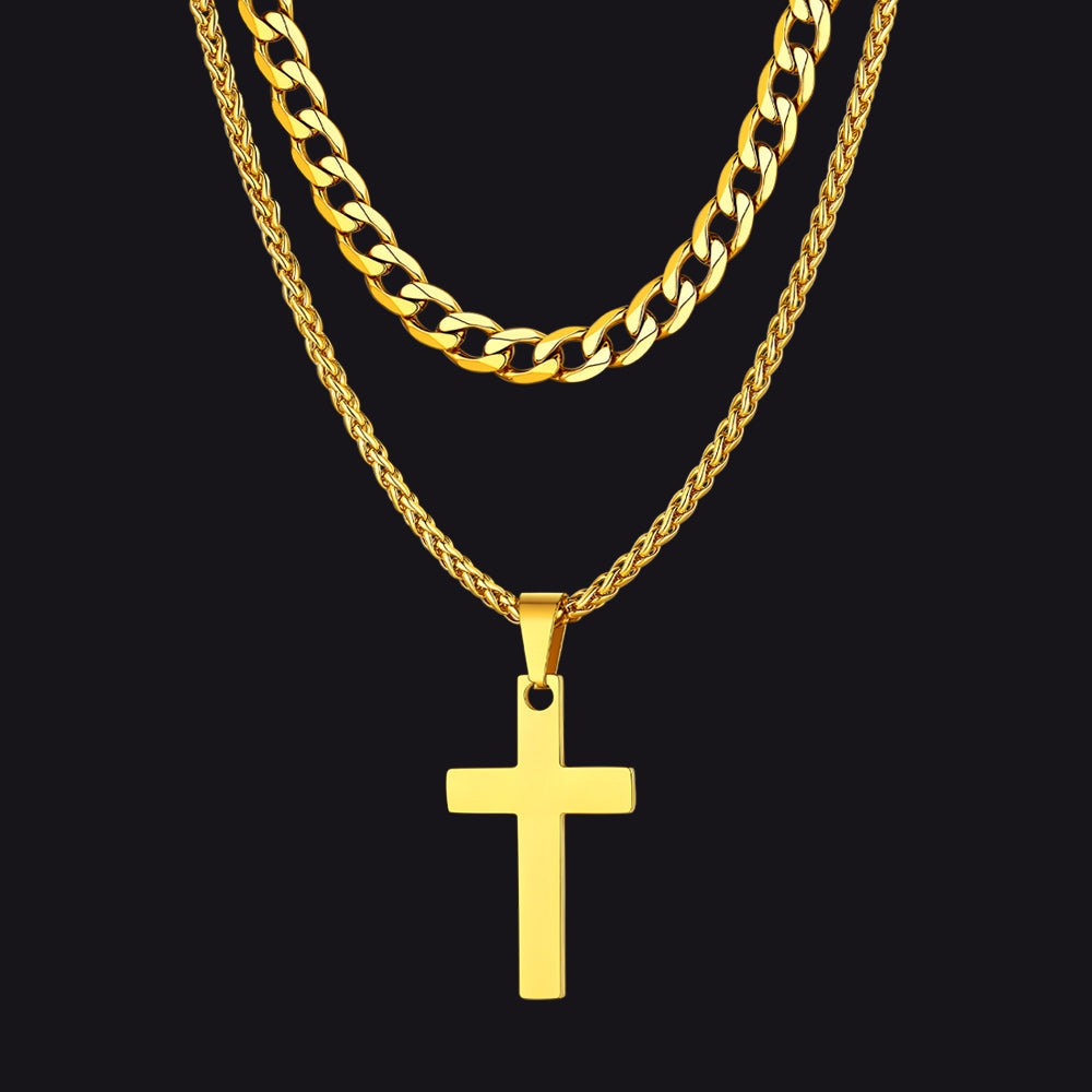 Gift for Men Cuban Chain & Cross Pendant Layered Necklace Set Birthday Gift