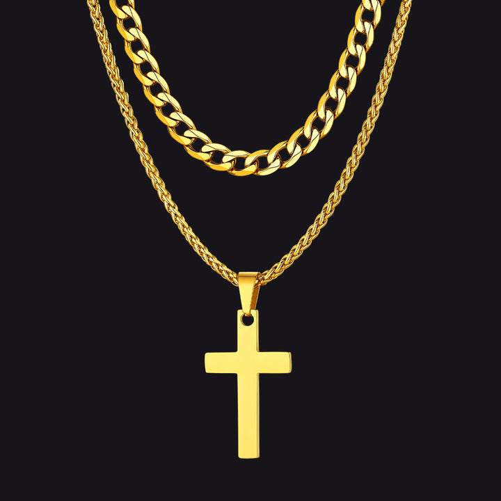 Gift for Men Cuban Chain & Cross Pendant Layered Necklace Set Birthday Gift