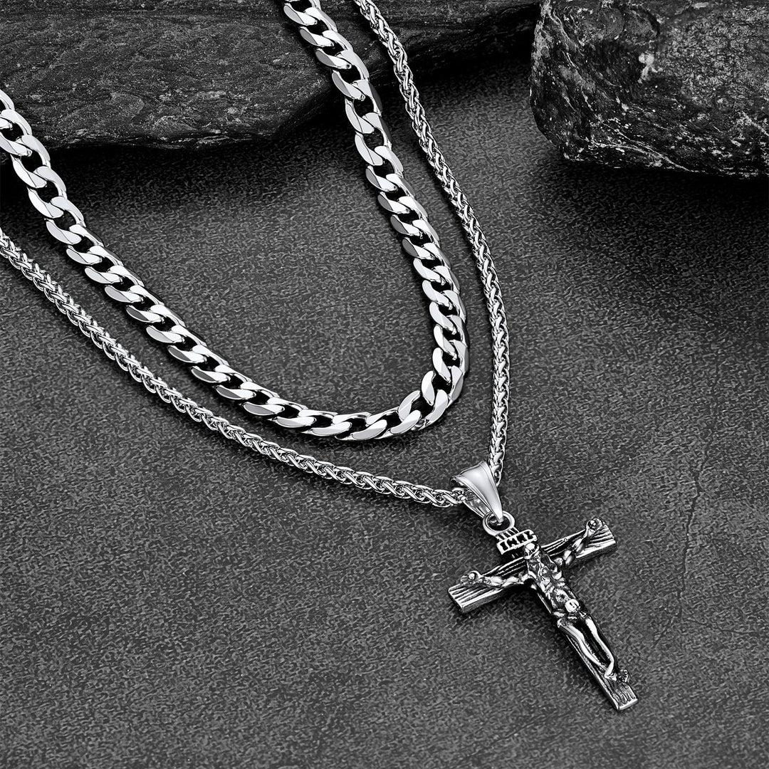 Jesus Crucifix Cross & Cuban Chain Layered Necklaces Set for Men Women