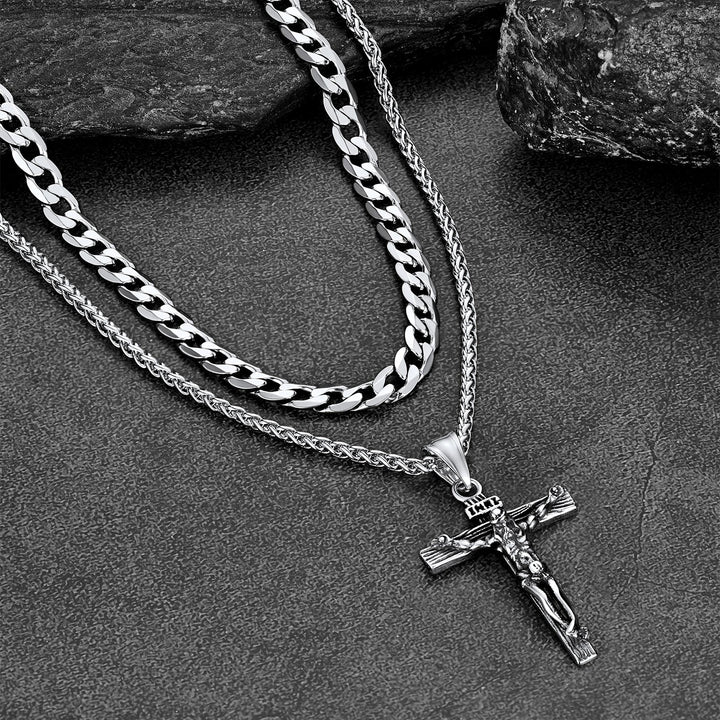 Jesus Crucifix Cross & Cuban Chain Layered Necklaces Set for Men Women