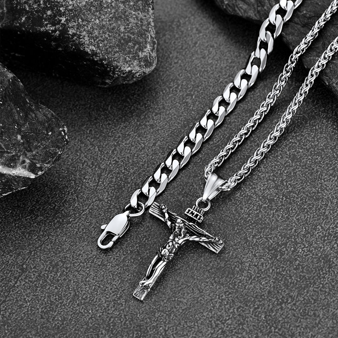 Jesus Crucifix Cross & Cuban Chain Layered Necklaces Set for Men Women